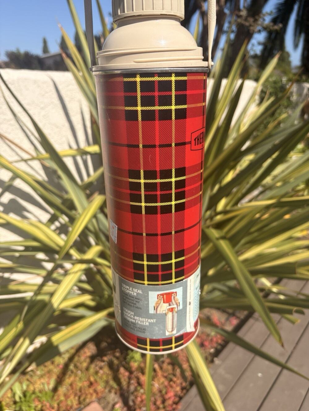 Vintage Thermos Metal Plaid Vacuum Flask Red Black NOP Collectible